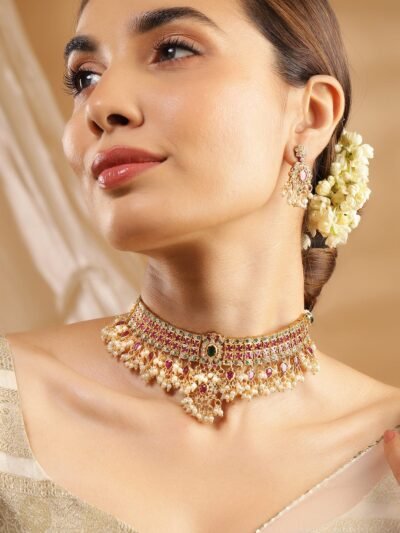 Luxury 24K Gold Plated Handcrafted Ruby stone & Gold Pearls Studded Choker Set