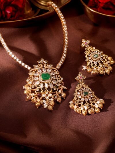 Rubans Radiant Gold Tone Temple Necklace Set with Multicolored Stones