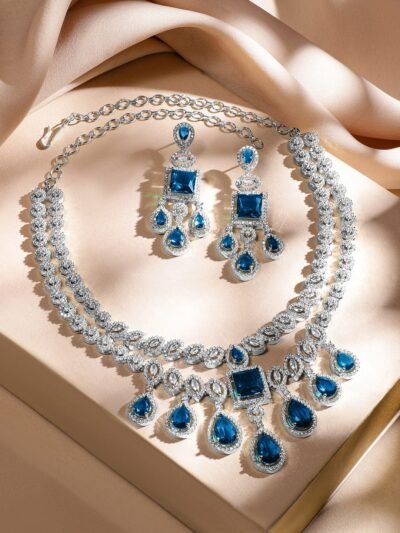 Cubic Zirconia Luxe Statement Jewellery Set in Silver Tone for Women
