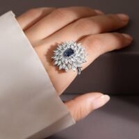 Plated Blue Sapphire & White CubicZirconia Studded Adjustable Cocktail Ring